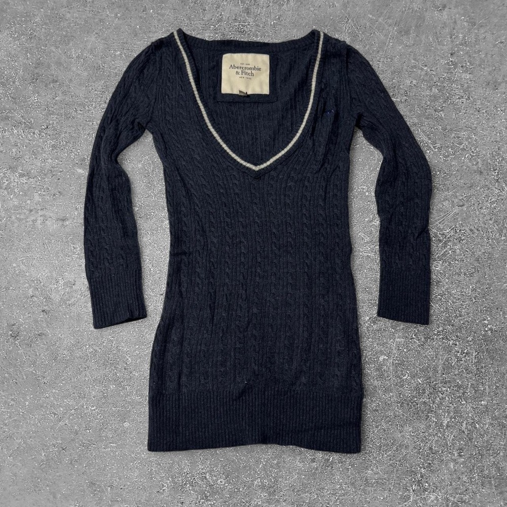 Abercrombie & Fitch Vintage Y2K Navy Blue Cable Knit V-Neck Sweater Women Medium